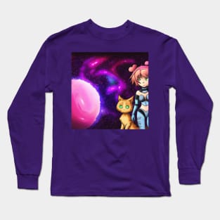 Anime Girl and Cat in Space Long Sleeve T-Shirt